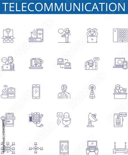 Telecommunication line icons signs set. Design collection of Telecom, Networking, Communication, Transmission, Wireless, VoIP, Radio, Antenna outline concept vector illustrations