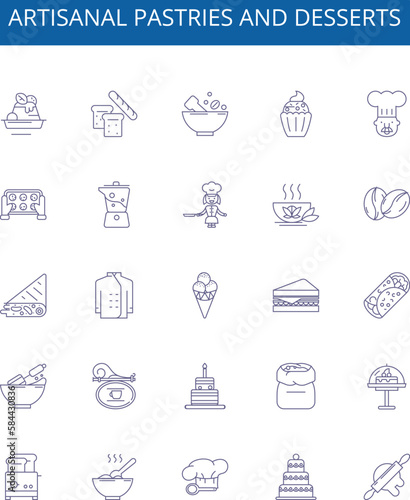 Artisanal pastries and desserts line icons signs set. Design collection of Confections, Pastries, Desserts, Artisanal, Baked, Cakes, Cupcakes, Sweets outline concept vector illustrations