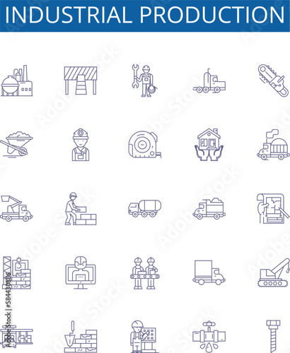 Industrial production line icons signs set. Design collection of Industry, Production, Manufacturing, Processing, Assembly, Automation, Robotics, Logistics outline concept vector illustrations