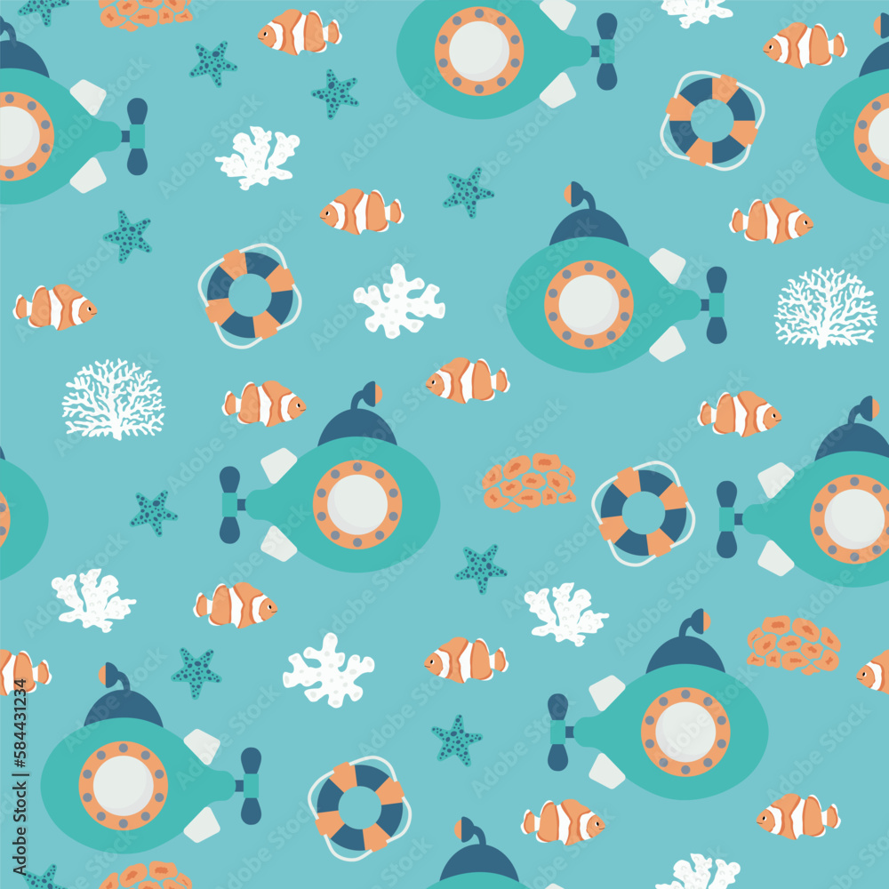 Vector seamless pattern with submarine, lifebuoy, clown fish, seaweed, starfish.Underwater cartoon creatures.Marine background.Cute ocean pattern for fabric, childrens clothing,textiles,wrapping paper Vector seamless pattern with submarine, lifebuoy, clown fish, seaweed, starfish.Underwater cartoon creatures.Marine background.Cute ocean pattern for fabric, childrens clothing,textiles,wrapping paper