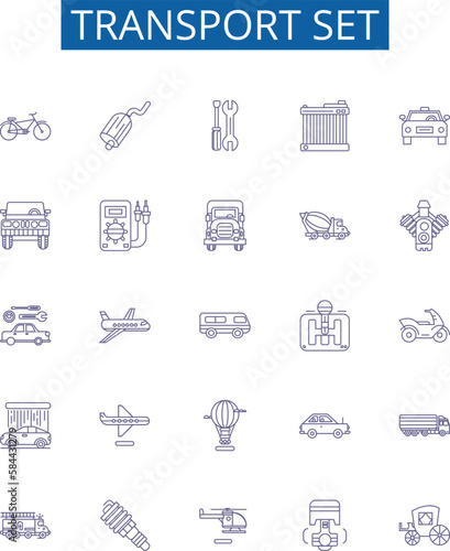 Transport set line icons signs set. Design collection of Vehicles, Planes, Boats, Trains, Buses, Coaches, Vans, Taxis outline concept vector illustrations