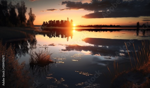  the sun is setting over a lake with trees in the background.  generative ai
