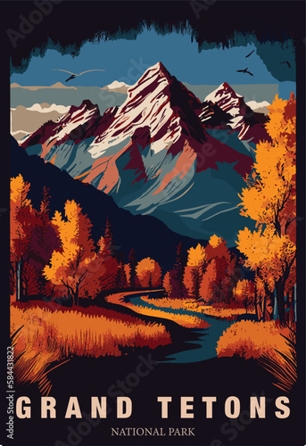 Tableau sur toile Vector illustration of colorful Grand Tetons national park poster