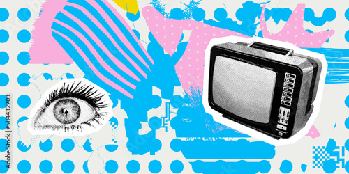 Contemporary digital collage art. Modern trippy design. Retro tv news and eye.
