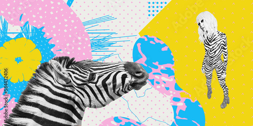 Contemporary digital collage art. Modern trippy design. Zebra fashion girl  animal lover