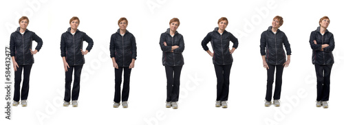 front view of a same woman clothing in sportswear and onorak on white background