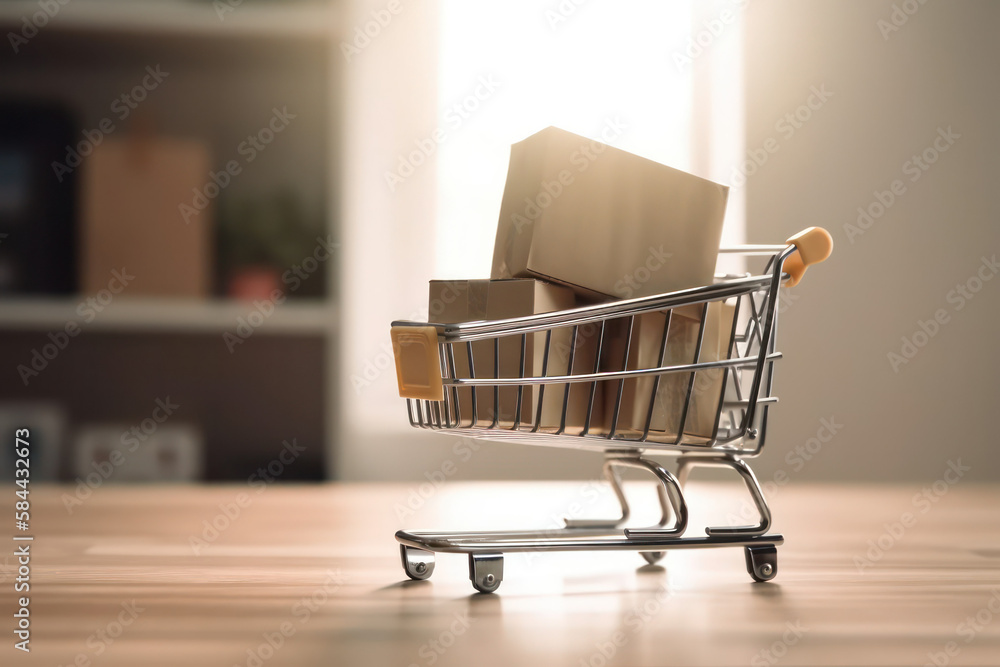 Grocery packaging boxes and a shopping bag in a shopping cart with a laptop in which an online store makes purchases on the screen .concepts of online shopping and delivery. 