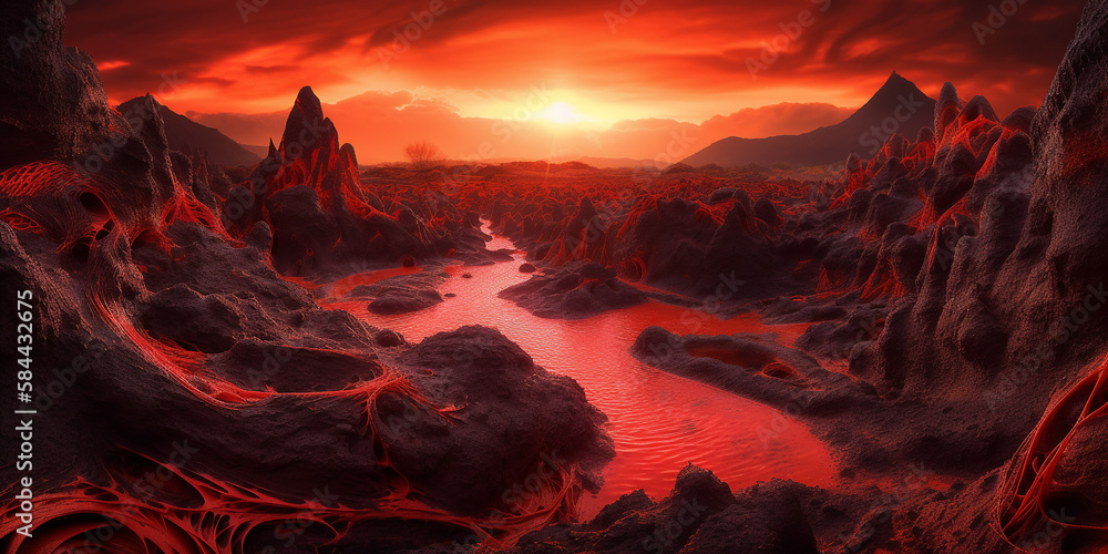 A volcanic landscape surrealism fiery red lighting Generative AI Digital Illustration Part#24032