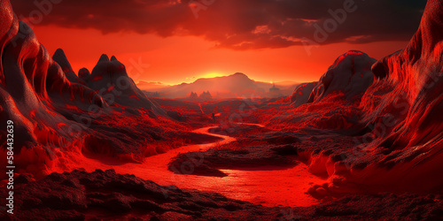 A volcanic landscape surrealism fiery red lighting Generative AI Digital Illustration Part#24032