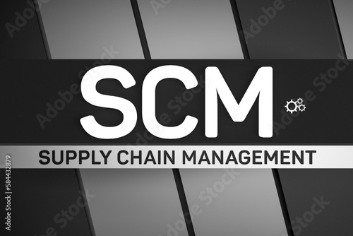 SCM Supply-Chain-Management text concept on metallic background abbreviation with gears. 3D render.