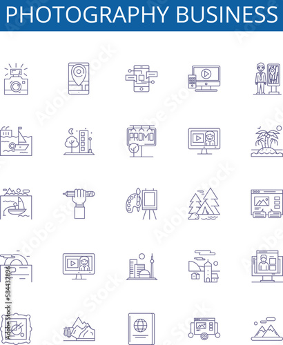Photography business line icons signs set. Design collection of Photography, business, marketing, capture, studio, editing, services, images outline concept vector illustrations