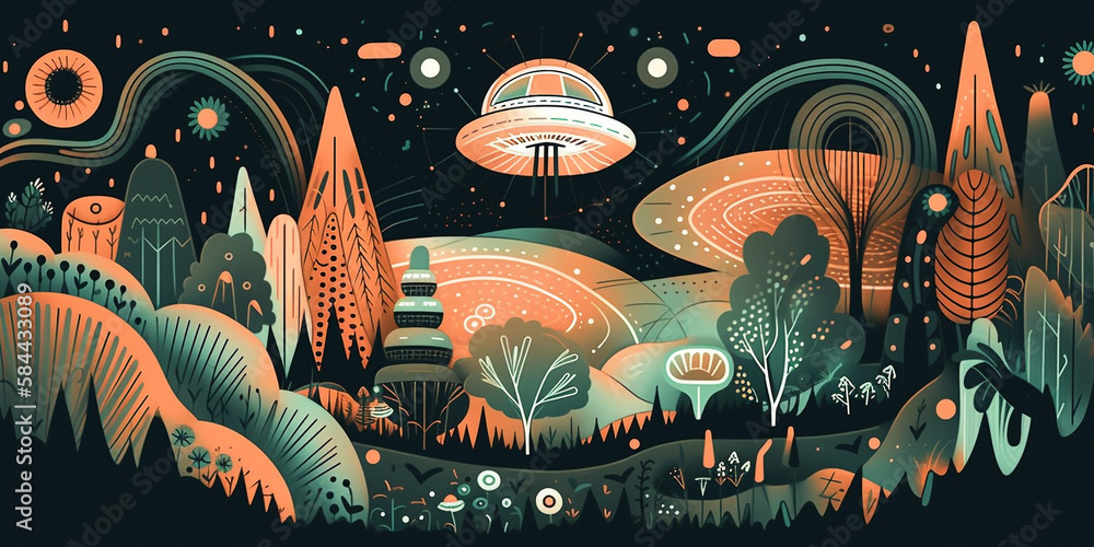 A whimsical and enchanting illustration of a UFO sights Generative AI Digital Illustration Part#24032