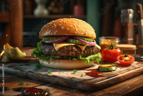 Juicy Beef Burger on rustic Wooden Table