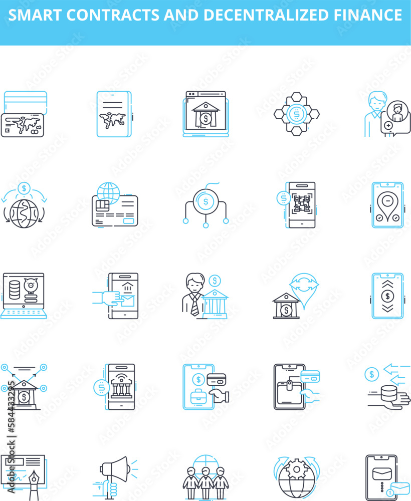 Smart contracts and decentralized finance vector line icons set. Smart, Contracts, Decentralized, Finance, Blockchain, Automation, Security illustration outline concept symbols and signs