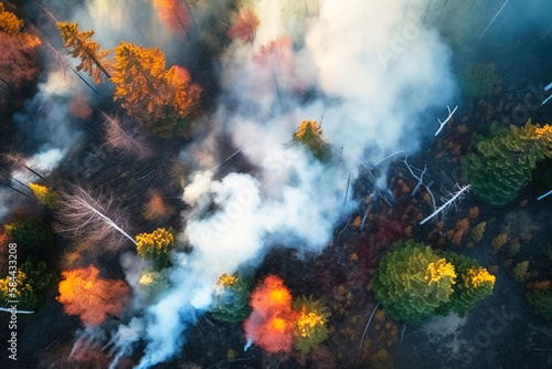 Fire in the forest in summer with smoke, natural disaster, cataclysm. AI generated.