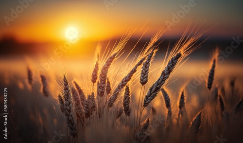  a field of wheat at sunset with the sun in the background.  generative ai