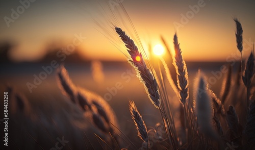  the sun is setting over a field of wheat in the foreground. generative ai
