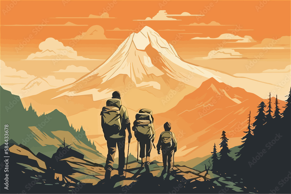 A family on a trip to the mountains in search of adventure. Vector style design. Warm color palette. Generative AI technology.