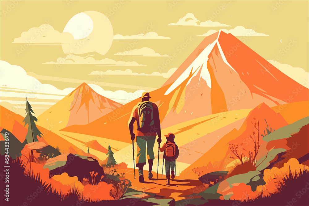 Grandfather and grandson on a trip to the mountains in search of adventure. Vector style design. Warm color palette. Generative AI technology.