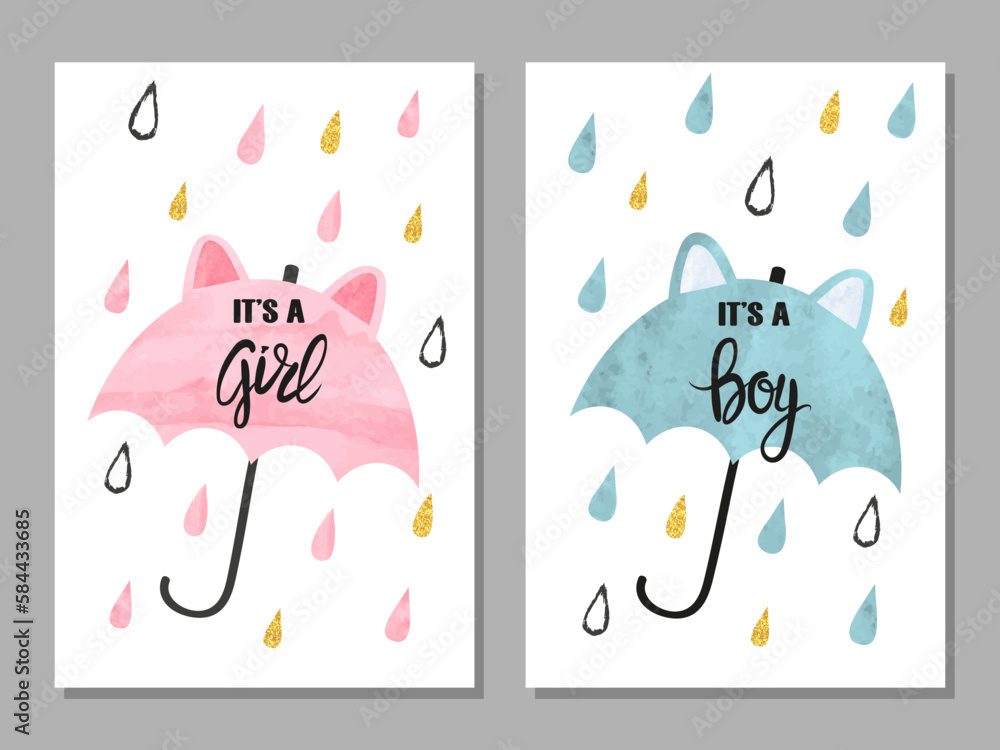 Baby shower boy and girl card set. Watercolor invitation cards design with cute umbrellas Stock