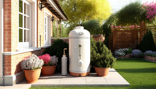 Alte Gasheizung mit Gasspeicher im Garten vor einem modernen Haus, Verbot vs Wärmepumpe, Generative AI  photo