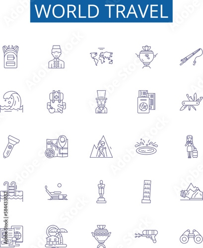 World travel line icons signs set. Design collection of Voyage, Tour, Expedition, Journey, Exploring, Trek, Roam, Sightseeing outline concept vector illustrations