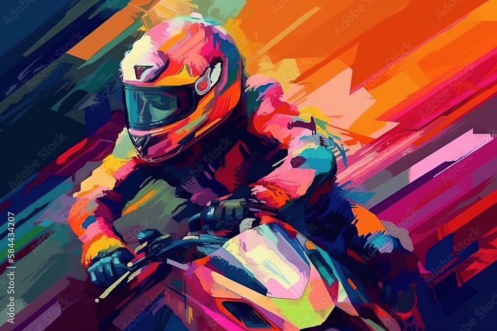  a person riding a motorcycle on a colorful background with a helmet and goggles on and a helmet on and a helmet on and a helmet on.  generative ai