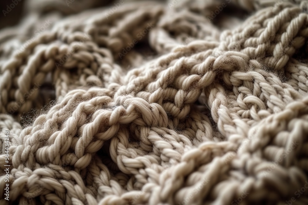  a close up of a knitted blanket with a lot of yarn on it's sides and a knot in the middle of the middle.  generative ai