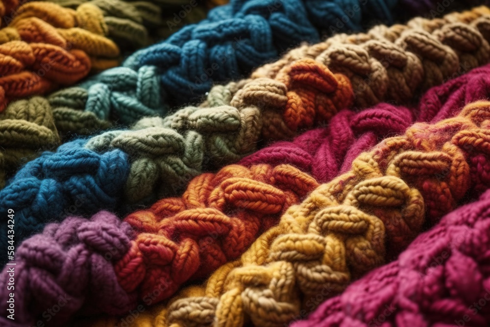  a close up of a bunch of different colored knitted items in a row together on a table top with a black background and a blurry image of the top of the yarn.  generative ai