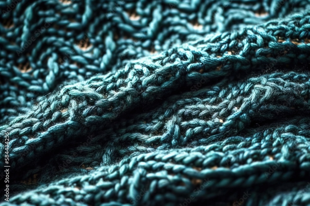  a close up of a knitted blanket with a blue color and a pattern of wavy lines on the edges of the blanket, with a black background.  generative ai