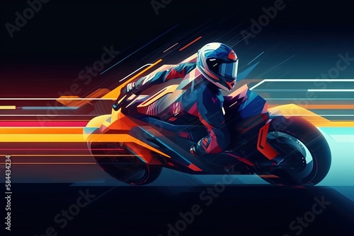  a person riding a motorcycle on a colorful background with lines in the background and a person in a helmet on the bike is riding on the bike. generative ai