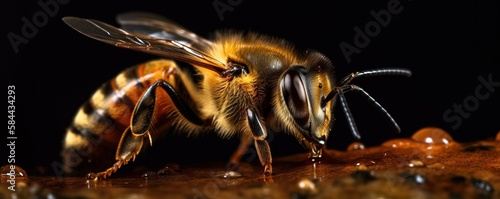  a close up of a bee on a table with drops of water on it's back legs and wings, with a black background.  generative ai © Shanti