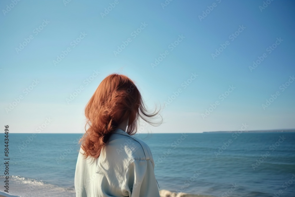 A woman standing on a beach looking out at the ocean Stock Illustration ...