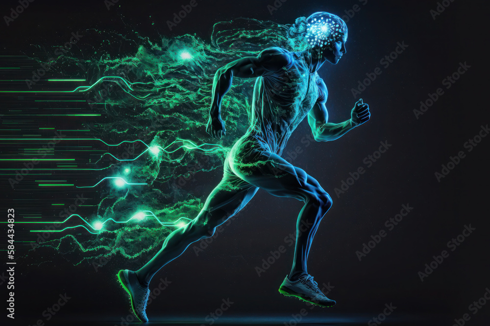 The man runs in motion. human brain and body. glowing Green lines ...