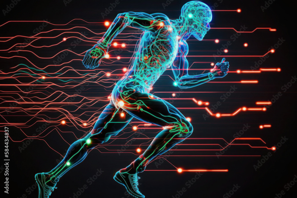The man runs in motion. human brain and body. glowing Green lines. neural connections. artificial intelligence, cyberspace. AI Generative The man runs in motion. human brain and body. glowing Green lines. neural connections. artificial intelligence, cyberspace. AI Generative
