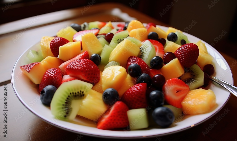 a white plate topped with fruit salad and a fork next to it. generative ai a white plate topped with fruit salad and a fork next to it. generative ai