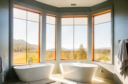 Modern interior of a bright bathroom with windows and two bathtubs in a cottage and sunlight through them with a view of the nature of the mountains. Generative AI. © Sergiy