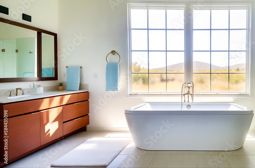 Modern interior of a bright bathroom with cottage windows and sunlight through them with a view of the nature of the mountains. Generative AI.