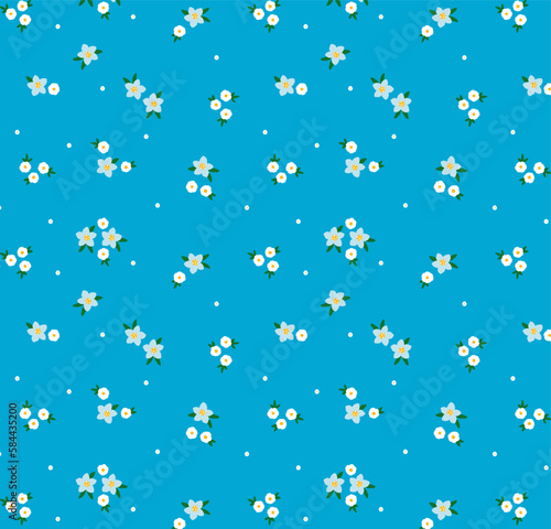 Cute floral pattern in the small flower. Seamless vector texture. Elegant template for fashion prints. Printing with small ivory white flowers. Vintage blue background. Simple flat modern drawing.