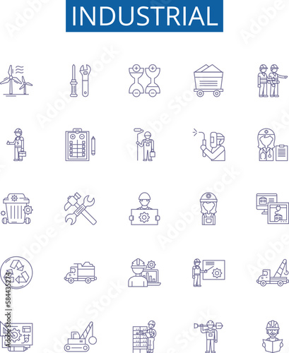 Industrial line icons signs set. Design collection of Factory, Manufacturing, Engineering, Automation, Construction, Machinery, Processing, Power outline concept vector illustrations