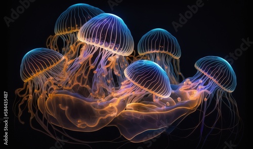  a group of jellyfish floating in the ocean together on a black background. generative ai