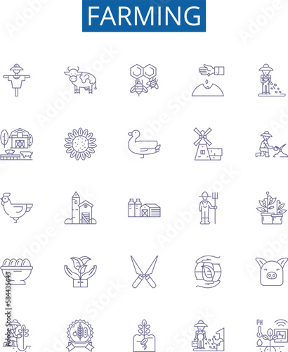 Farming line icons signs set. Design collection of Cropping, Cultivation, Agriculture, Tillage, Irrigation, Harvesting, Planting, Livestock outline concept vector illustrations