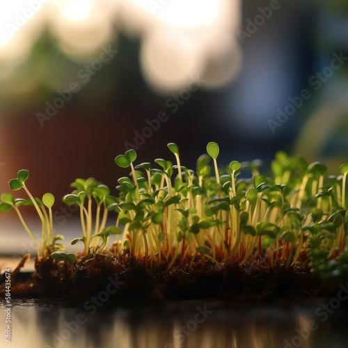  macro photograph of microgreen groing on the terrace. generative AI