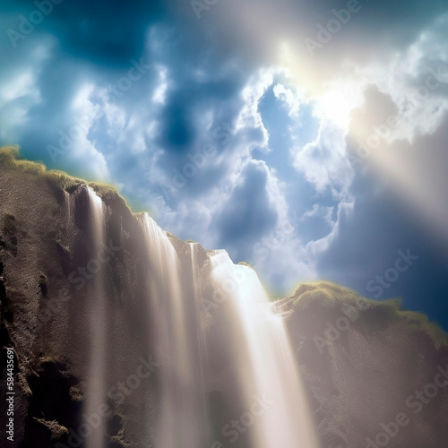 beautiful sky waterfall with bright light. High quality illustration