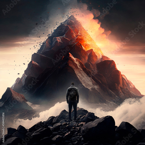 A man stands in front of an active volcano. High quality illustration