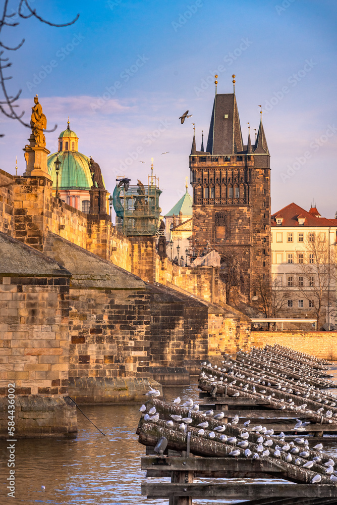 Naklejka premium Cityscape of Prague with medieval towers and colorful buildings, Czech Republic