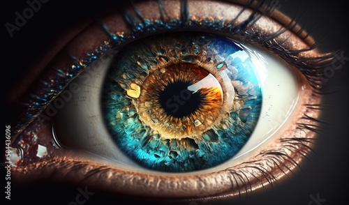  a close up of an eye with a blue and yellow iris.  generative ai