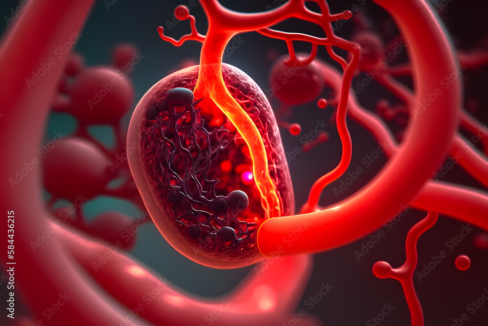 Blood vessel with an enlarged ball filled with blood, blood. A ...