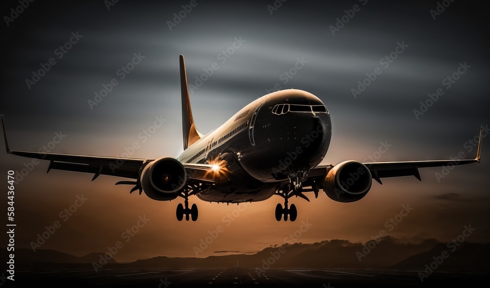 Fototapeta premium a large jetliner flying through a cloudy sky at night. generative ai