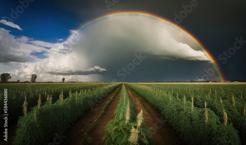  a large field with a rainbow in the sky above it. generative ai